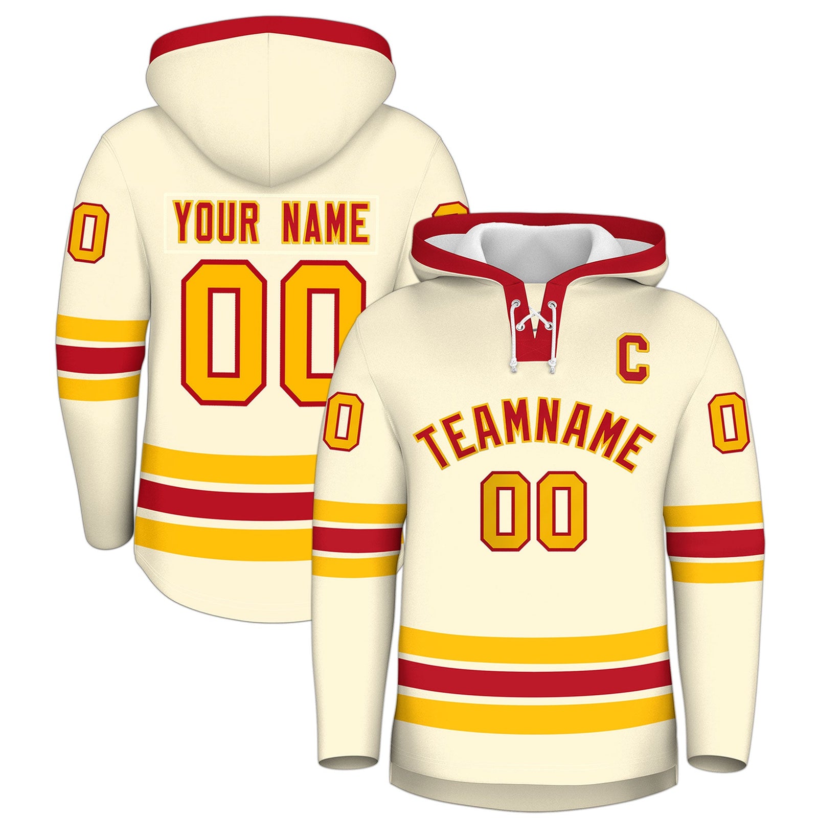 Custom Hockey Hoodie Jersey Cream Red Classic Style Add Name,Number&Logo