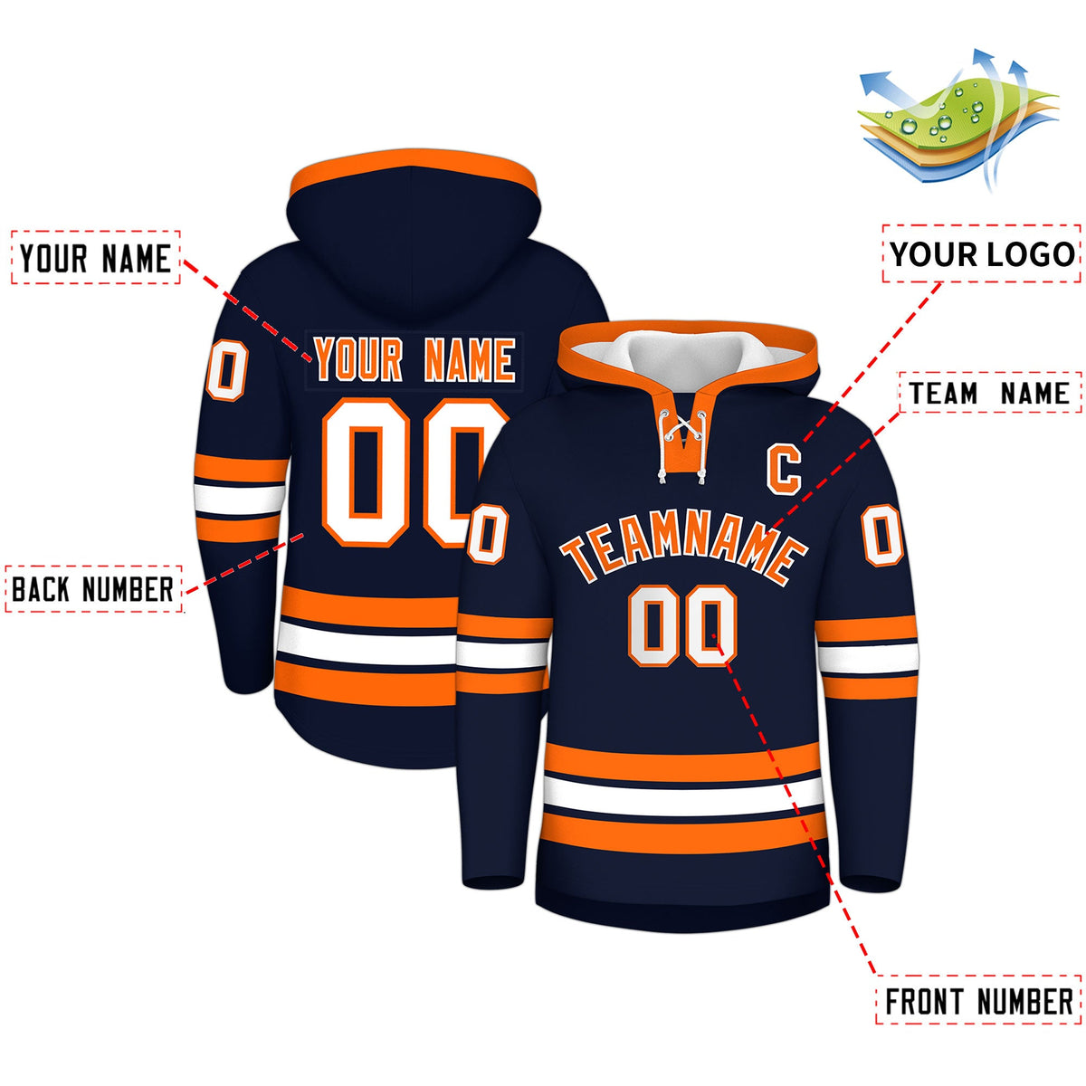 Custom Hockey Hoodie Jersey Navy Orange Classic Style for Men&amp;Youth