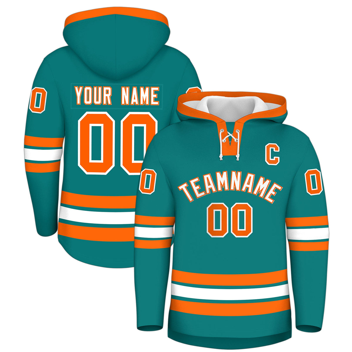 Custom Hockey Hoodie Jersey Teal Orange Classic Style Add Name,Number&amp;Logo