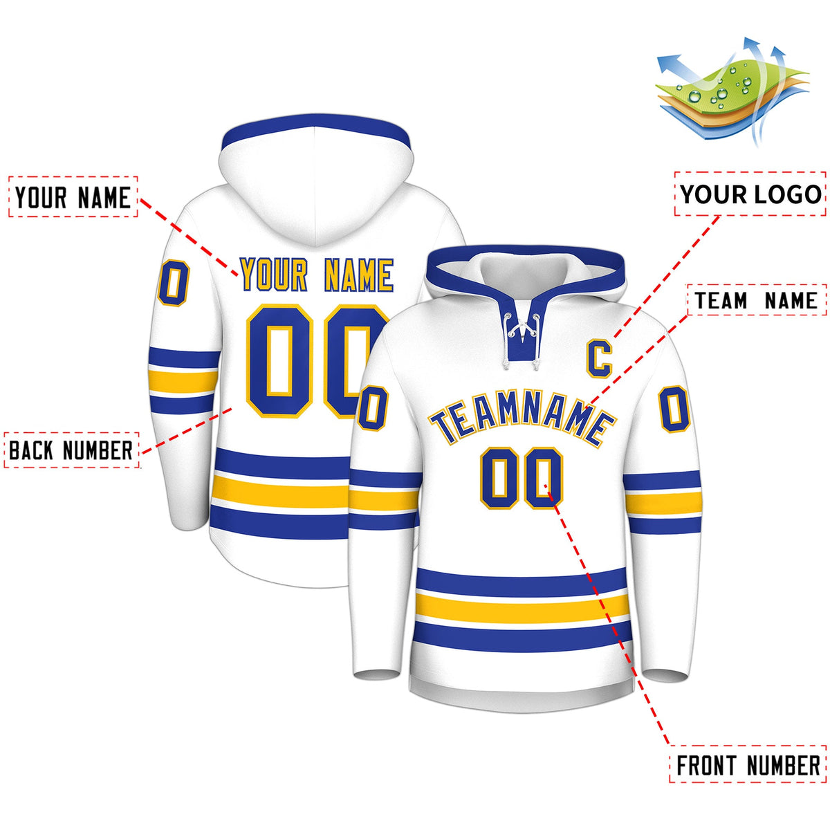Custom Hockey Hoodie Jersey White Royal Blue Classic Style Add Name,Number &amp; Logo