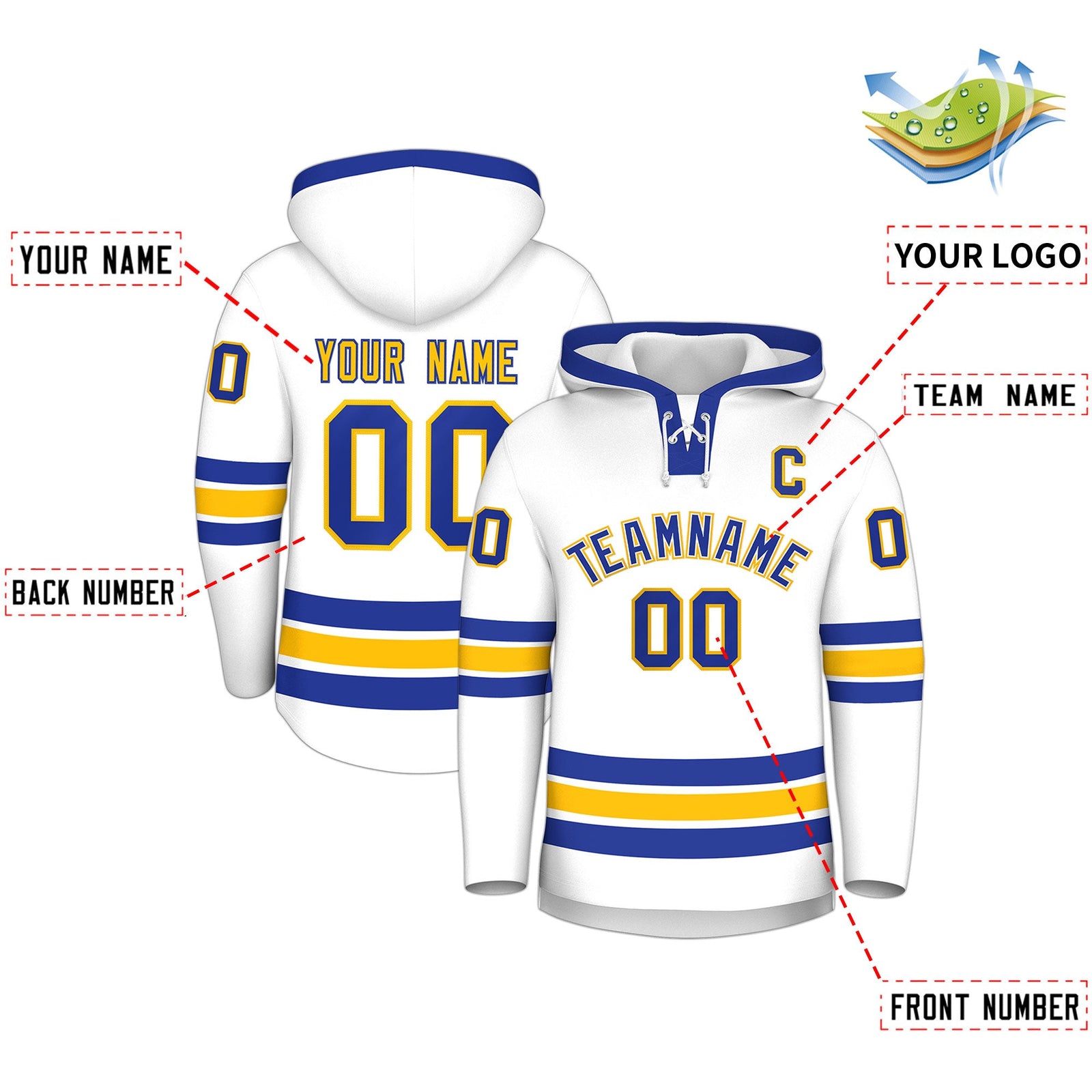 Custom Hockey Hoodie Jersey White Royal Blue Classic Style Add Name,Number & Logo