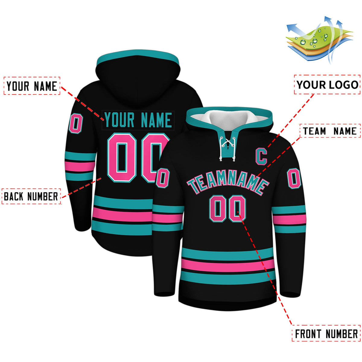 Custom Hockey Hoodie Jersey Black Aqua Classic Style Add Name,Number &amp; Logo