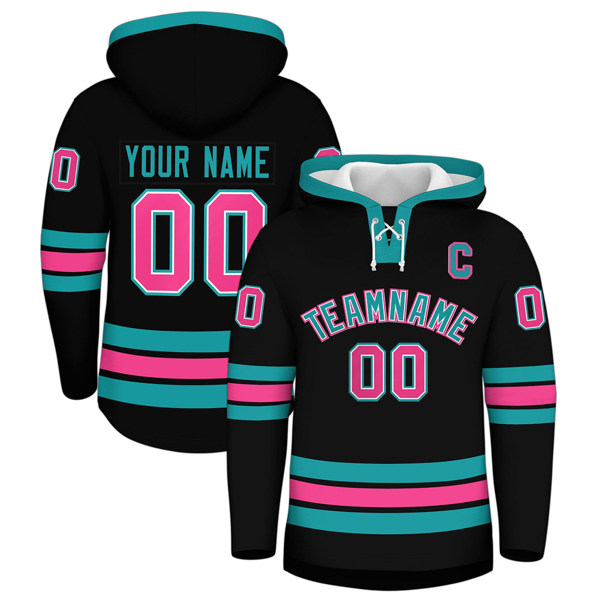 Custom Hockey Hoodie Jersey Black Aqua Classic Style Add Name,Number &amp; Logo
