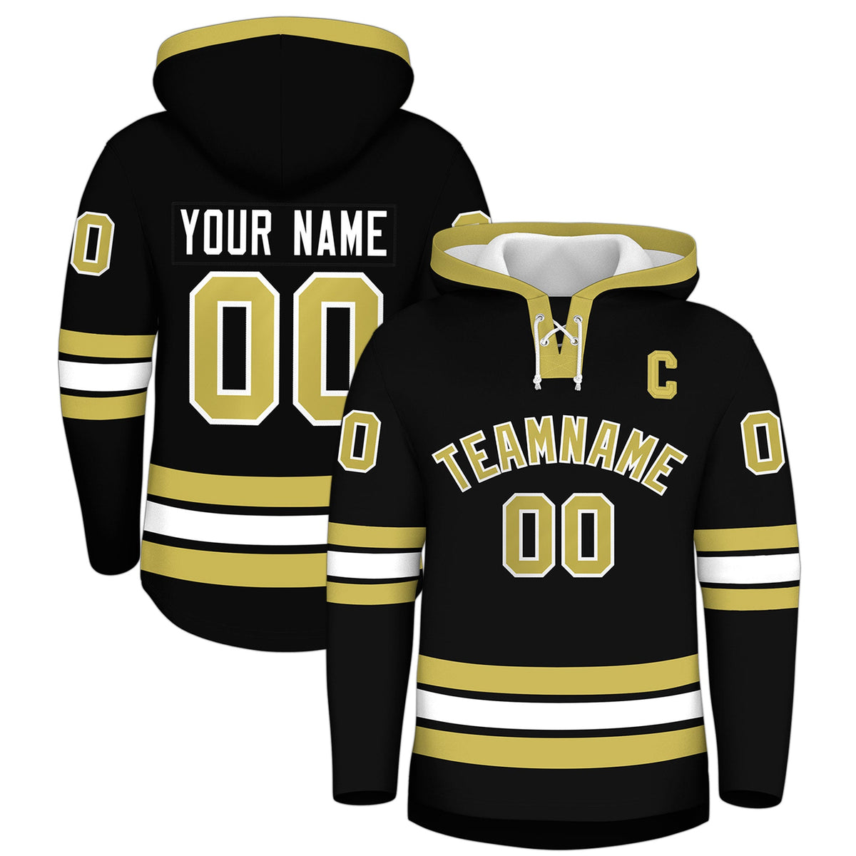Custom Hockey Hoodie Jersey Black Old Gold Classic Style for Men&amp;Youth