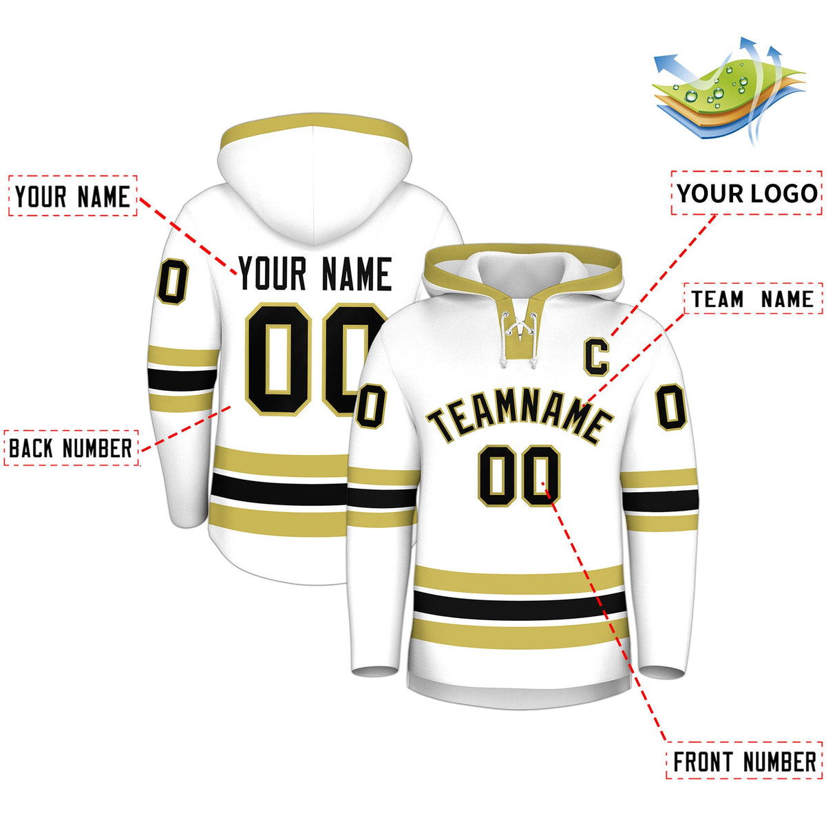 Custom Hockey Hoodie Jersey White Old Gold Classic Style Add Name,Number &amp; Logo