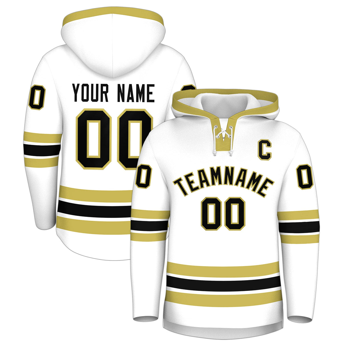 Custom Hockey Hoodie Jersey White Old Gold Classic Style Add Name,Number &amp; Logo