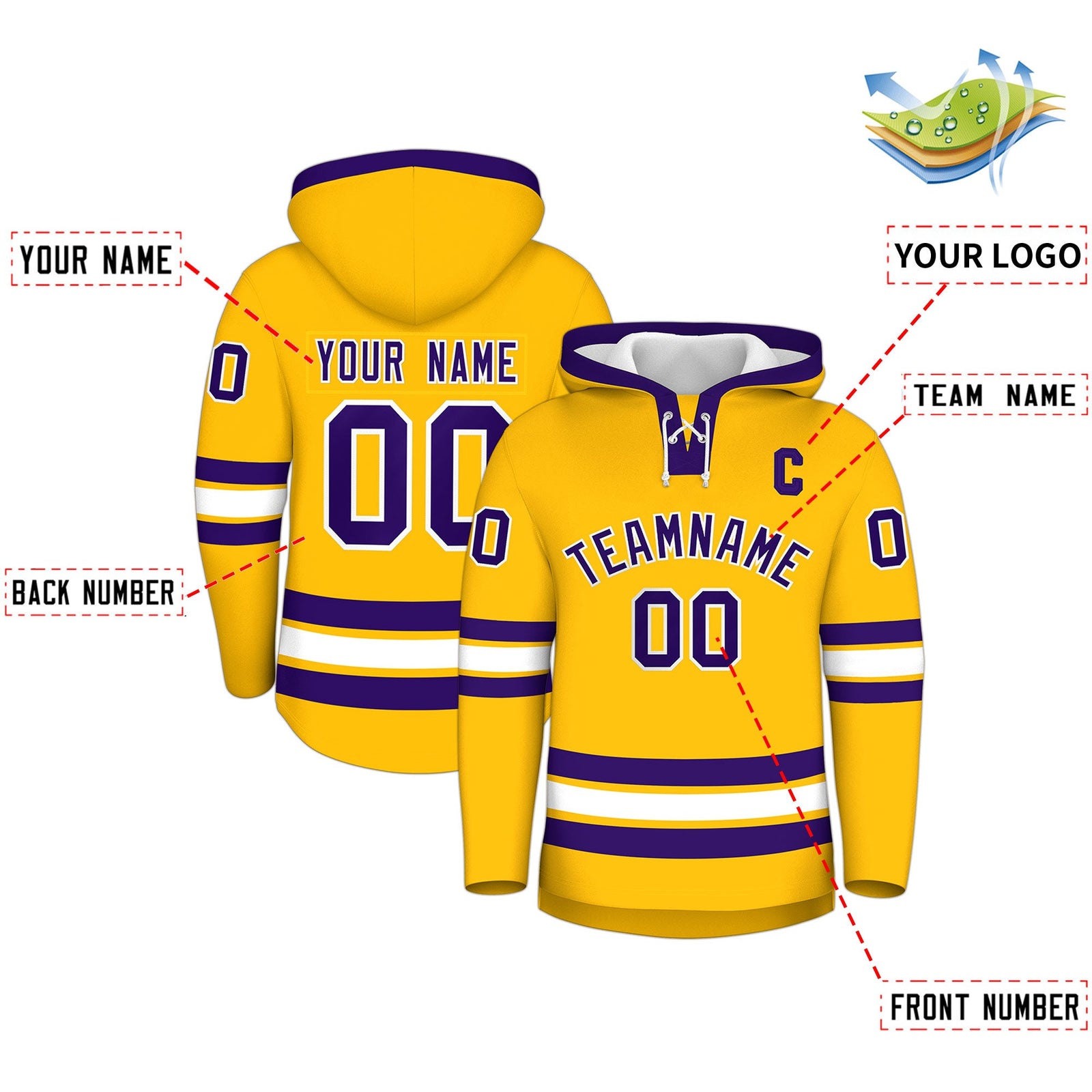 Custom Hockey Hoodie Jersey Gold Purple Classic Style Add Name,Number & Logo