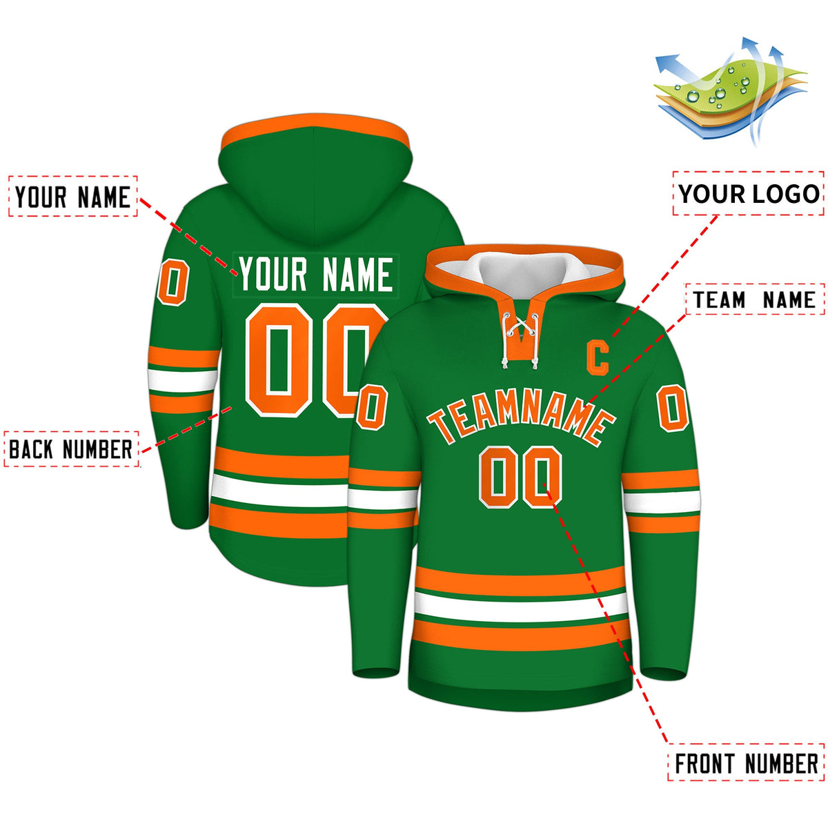 Custom Hockey Hoodie Jersey Kelly Green Orange Classic Style for Men&amp;Youth