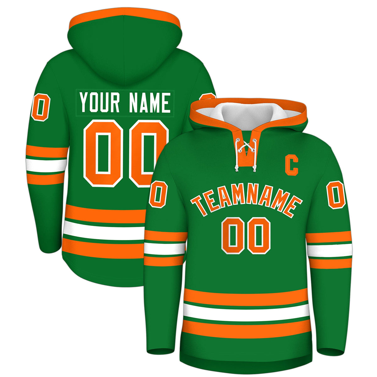 Custom Hockey Hoodie Jersey Kelly Green Orange Classic Style for Men&amp;Youth