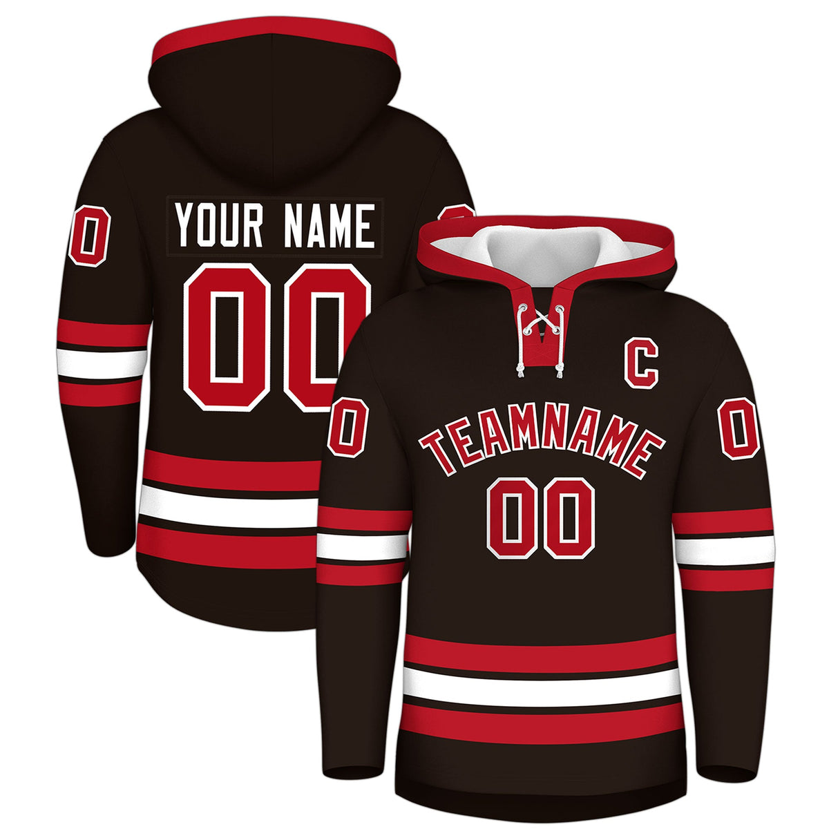 Custom Hockey Hoodie Jersey Brown Red Classic Style Add Name,Number&amp;Logo