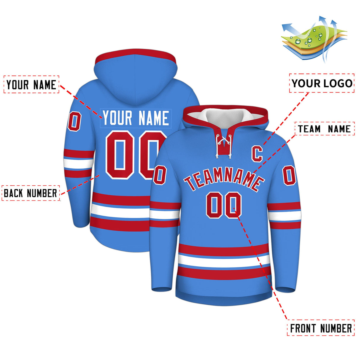 Custom Hockey Hoodie Jersey Powder Blue Red Classic Style for Men&amp;Youth