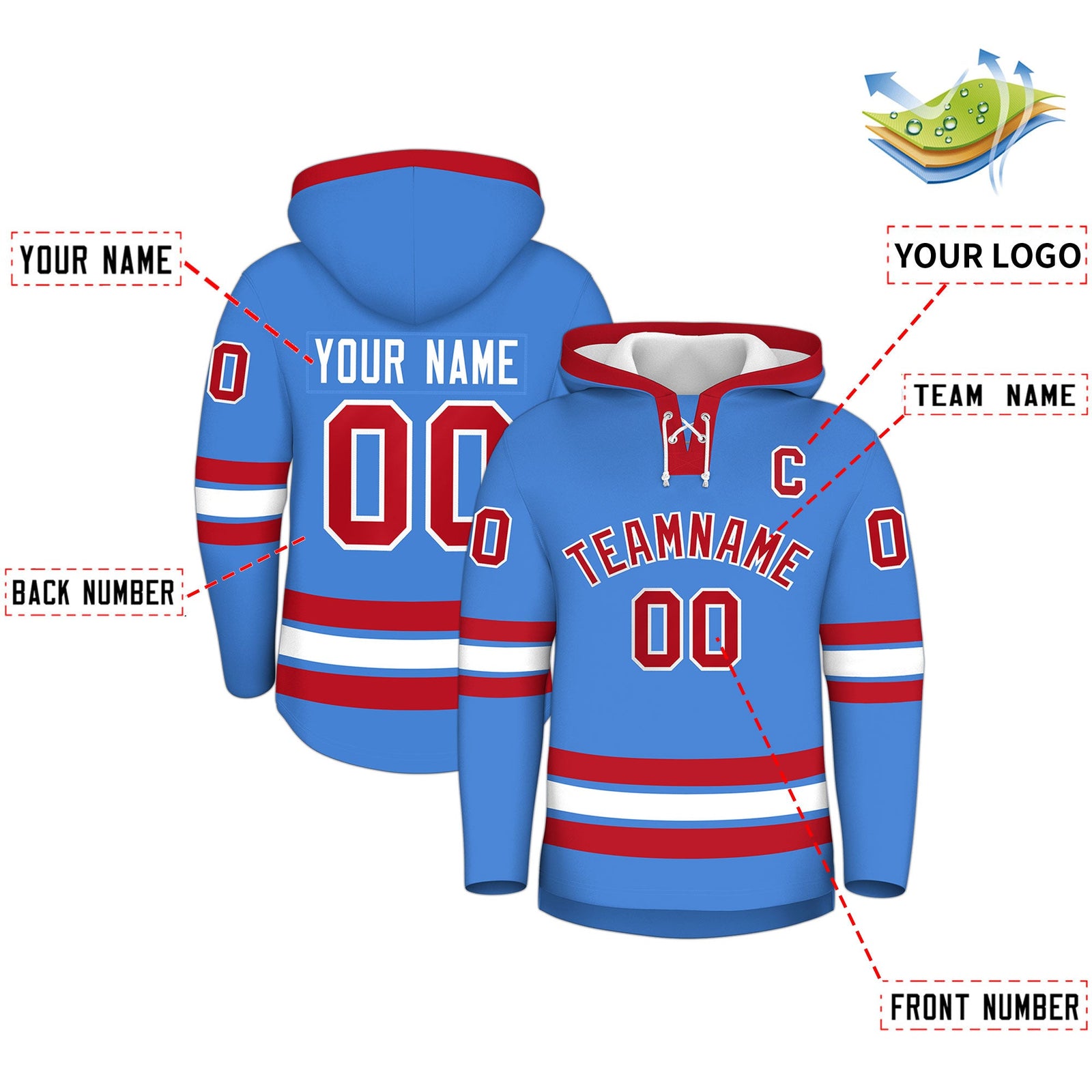 Custom Hockey Hoodie Jersey Powder Blue Red Classic Style for Men&Youth