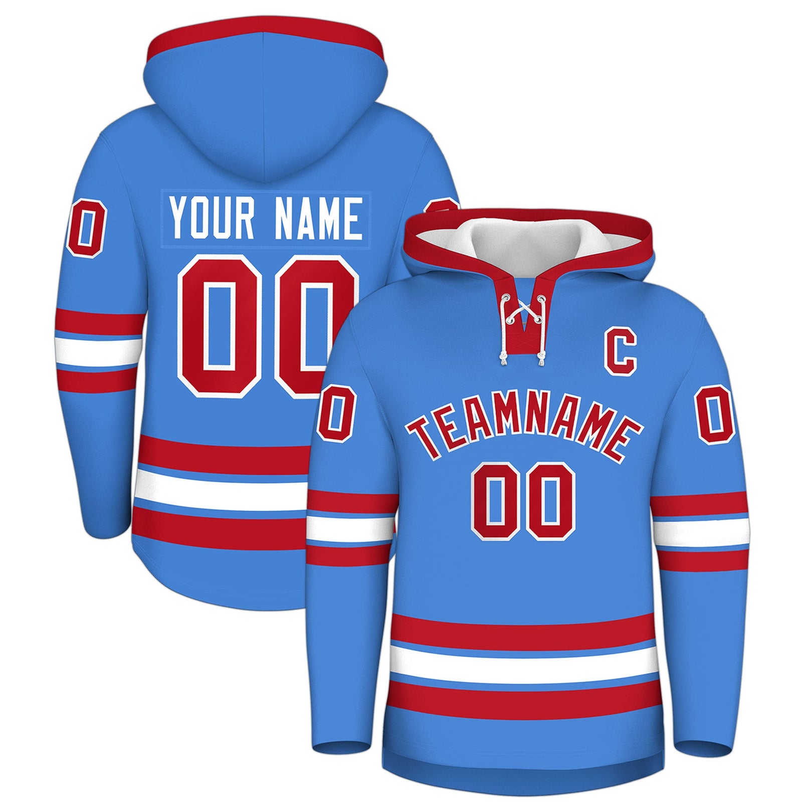 Custom Hockey Hoodie Jersey Powder Blue Red Classic Style for Men&Youth