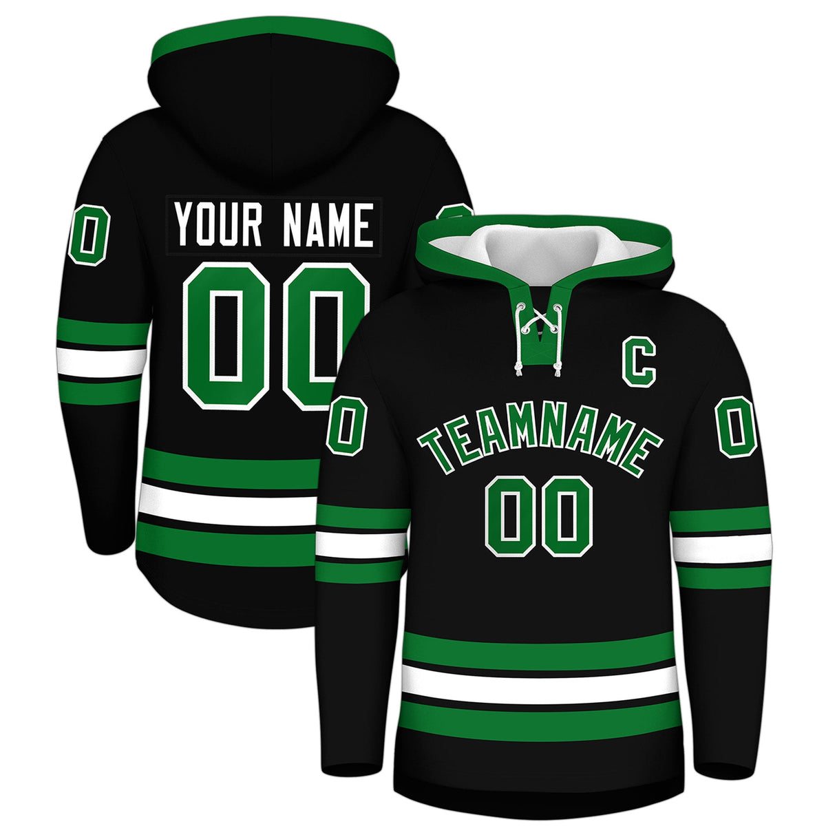 Custom Hockey Hoodie Jersey Black Kelly Green Classic Style for Men&amp;Youth