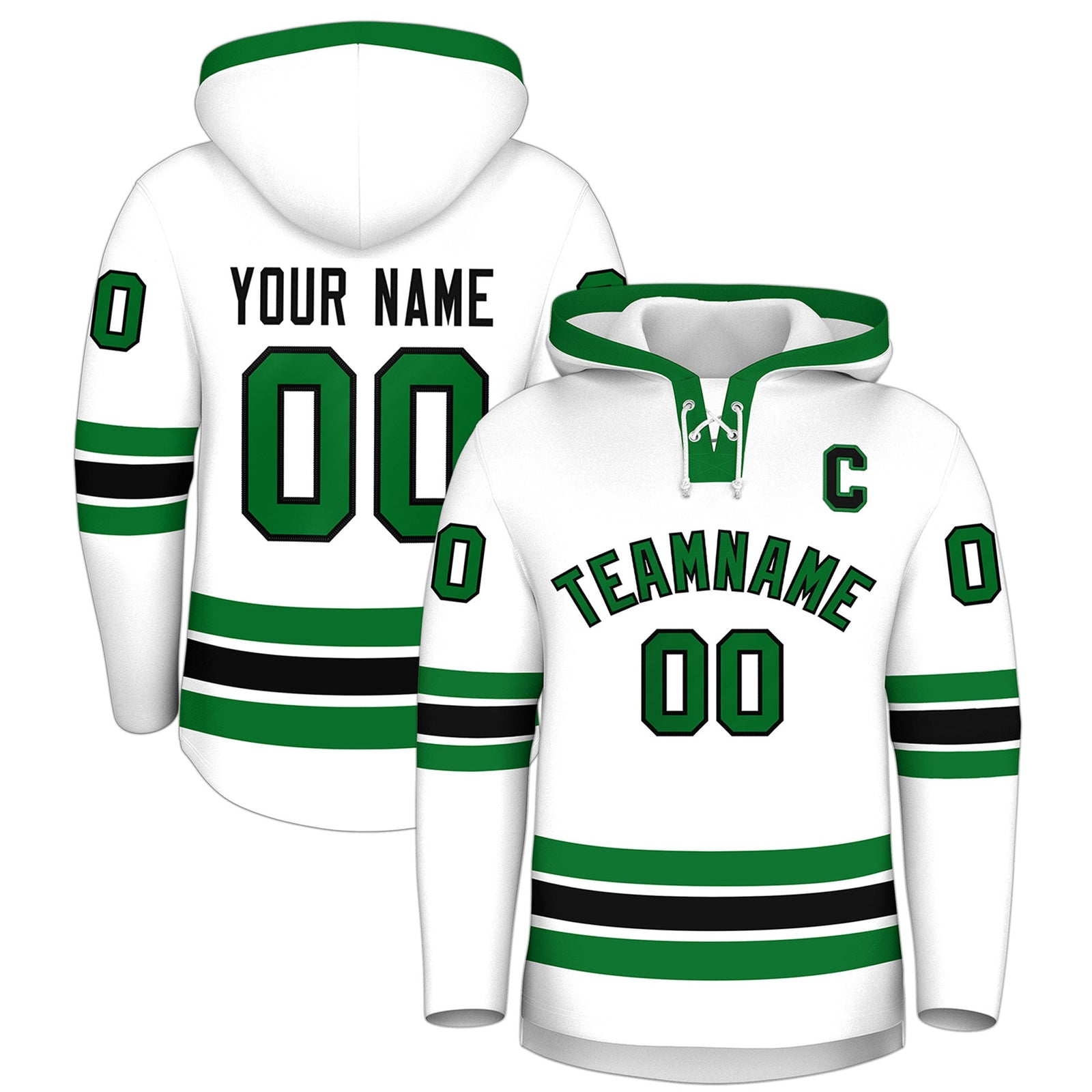 Custom Hockey Hoodie Jersey White Kelly Green Classic Style Add Name,Number&Logo