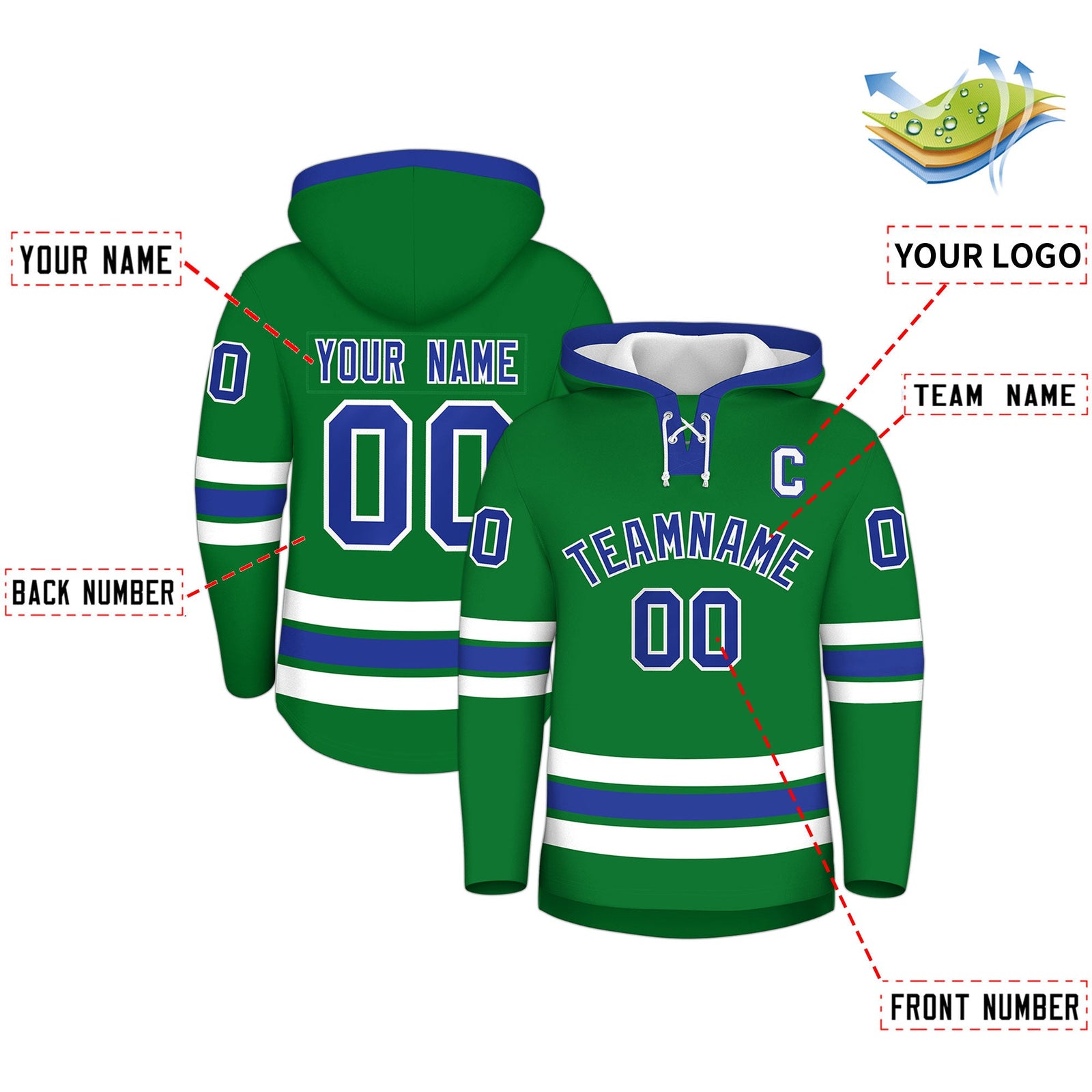 Custom Hockey Hoodie Jersey Kelly Green Royal Blue Classic Style Add Name,Number&Logo