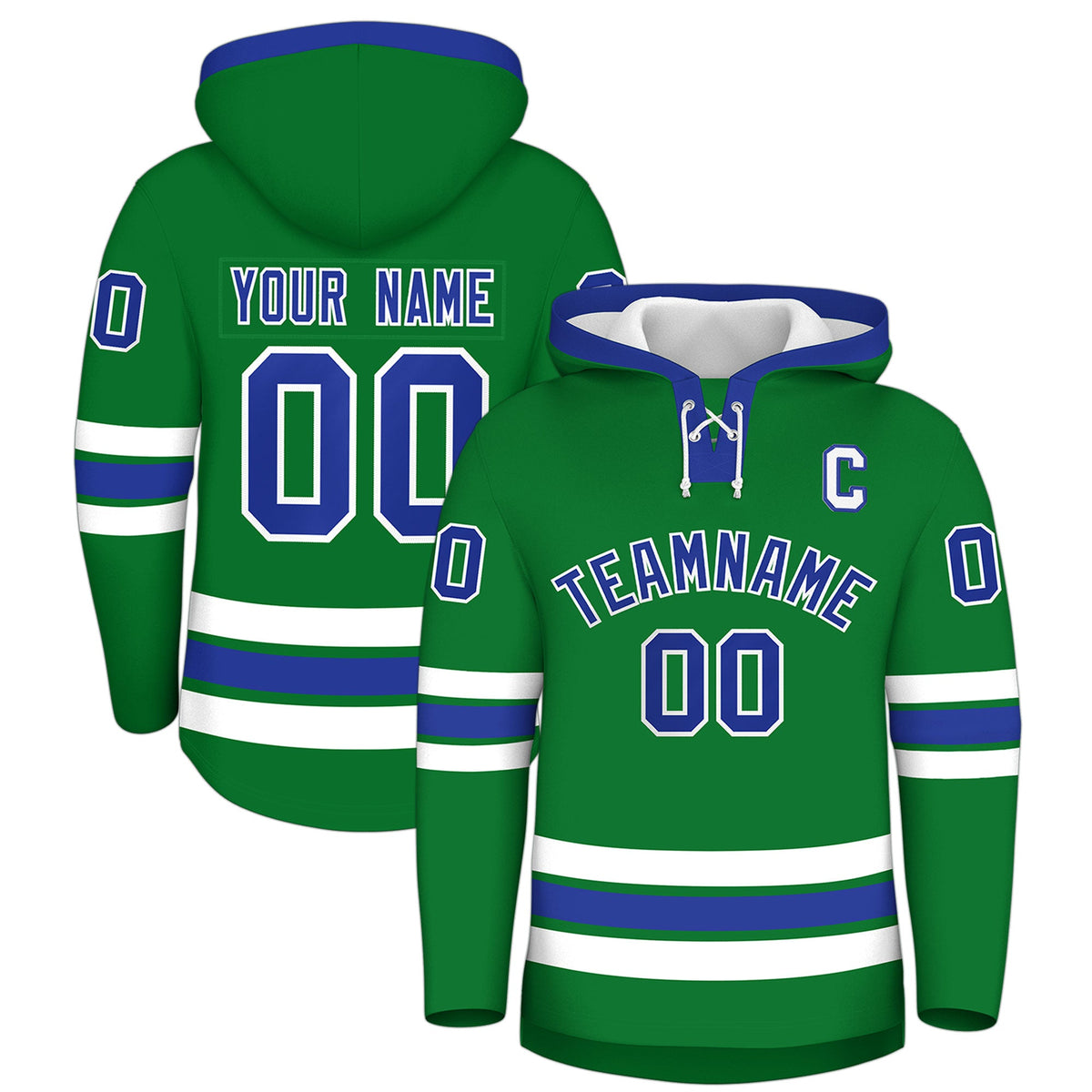 Custom Hockey Hoodie Jersey Kelly Green Royal Blue Classic Style Add Name,Number&amp;Logo