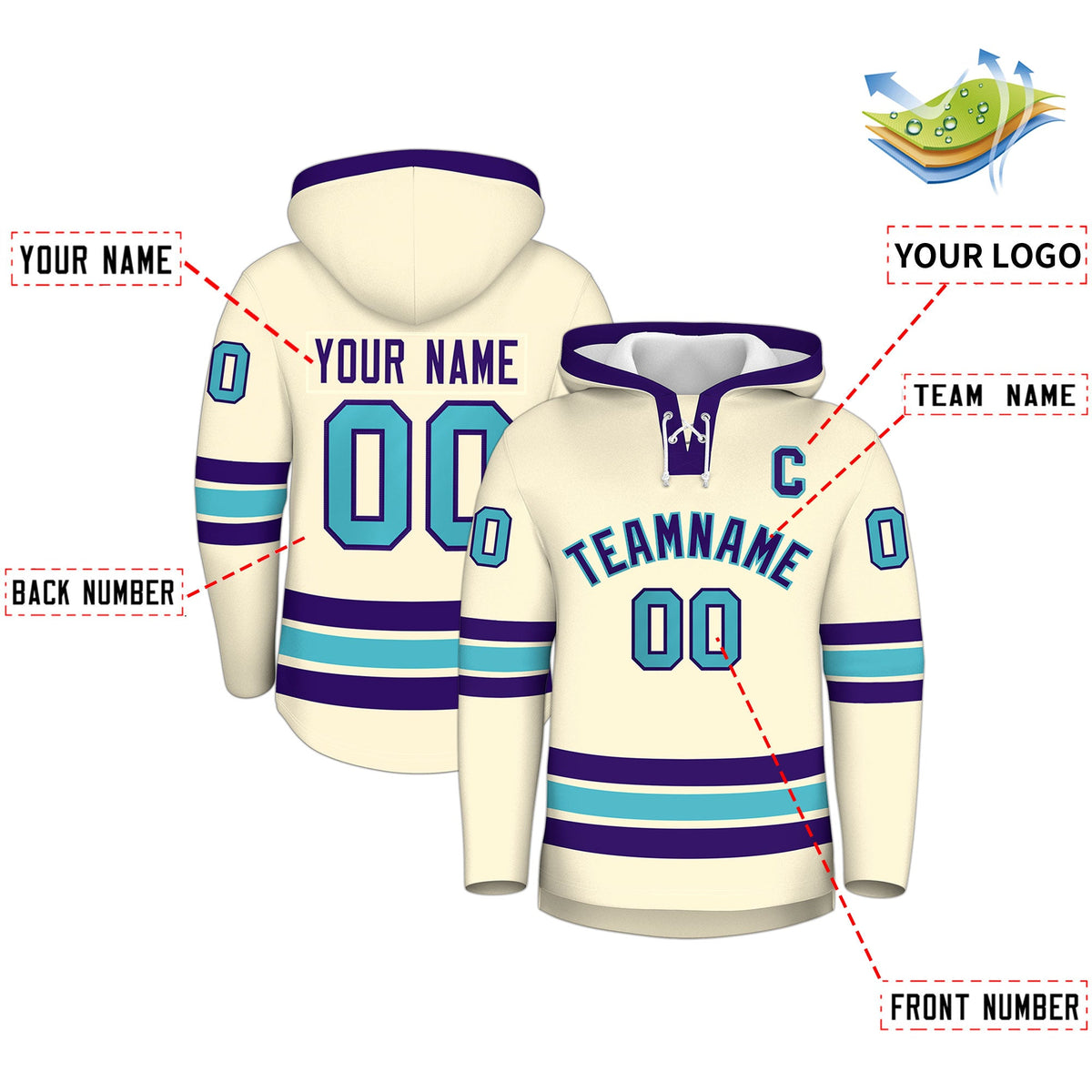 Custom Hockey Hoodie Jersey Cream Purple Classic Style for Men&amp;Youth
