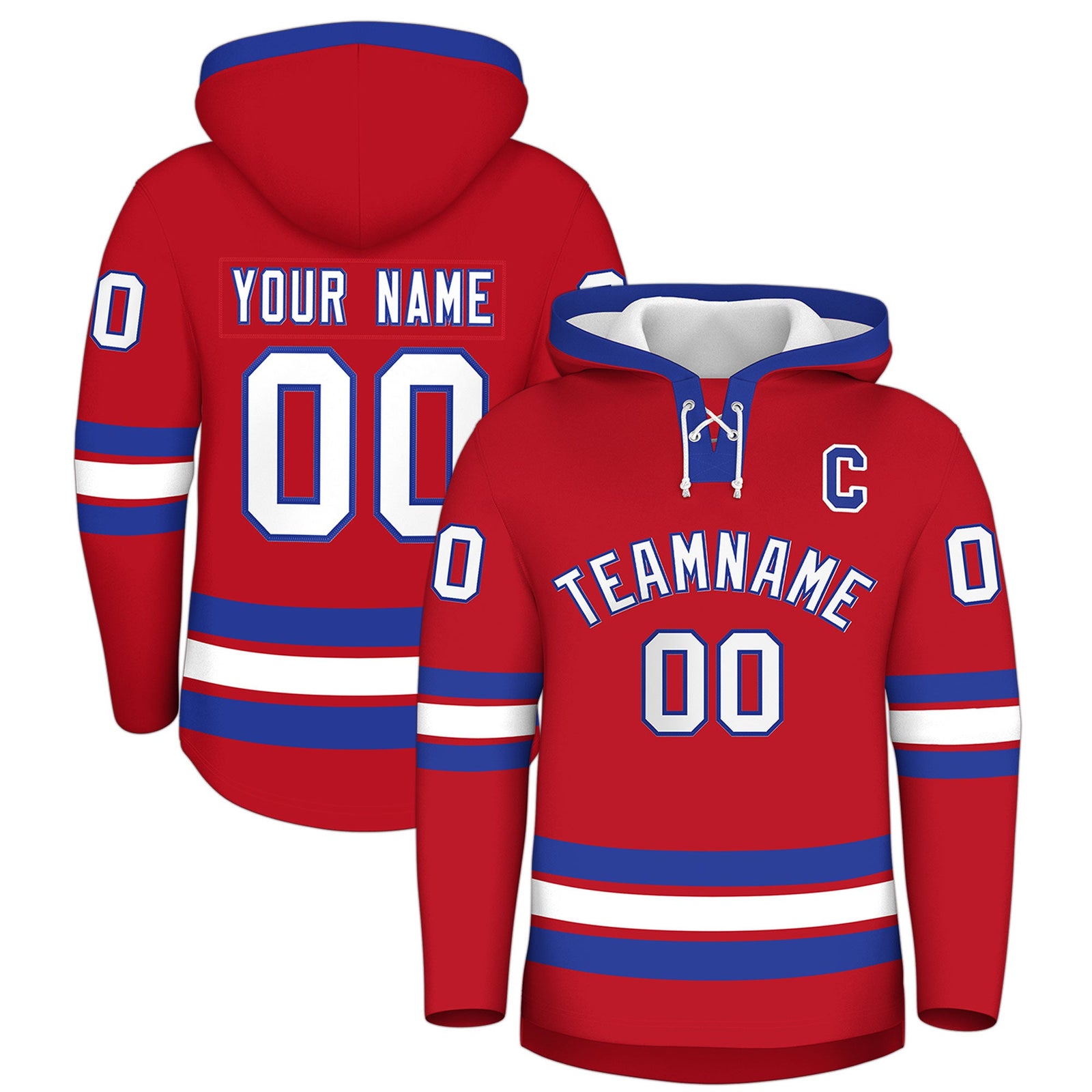 Custom Hockey Hoodie Jersey Red Royal Blue Classic Style Add Name,Number&Logo