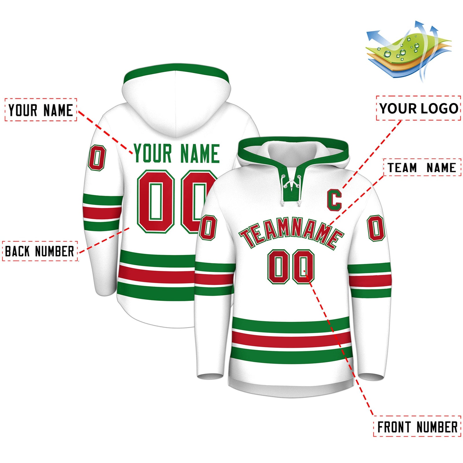 Custom Hockey Hoodie Jersey White Kelly Green Classic Style Add Name,Number&Logo