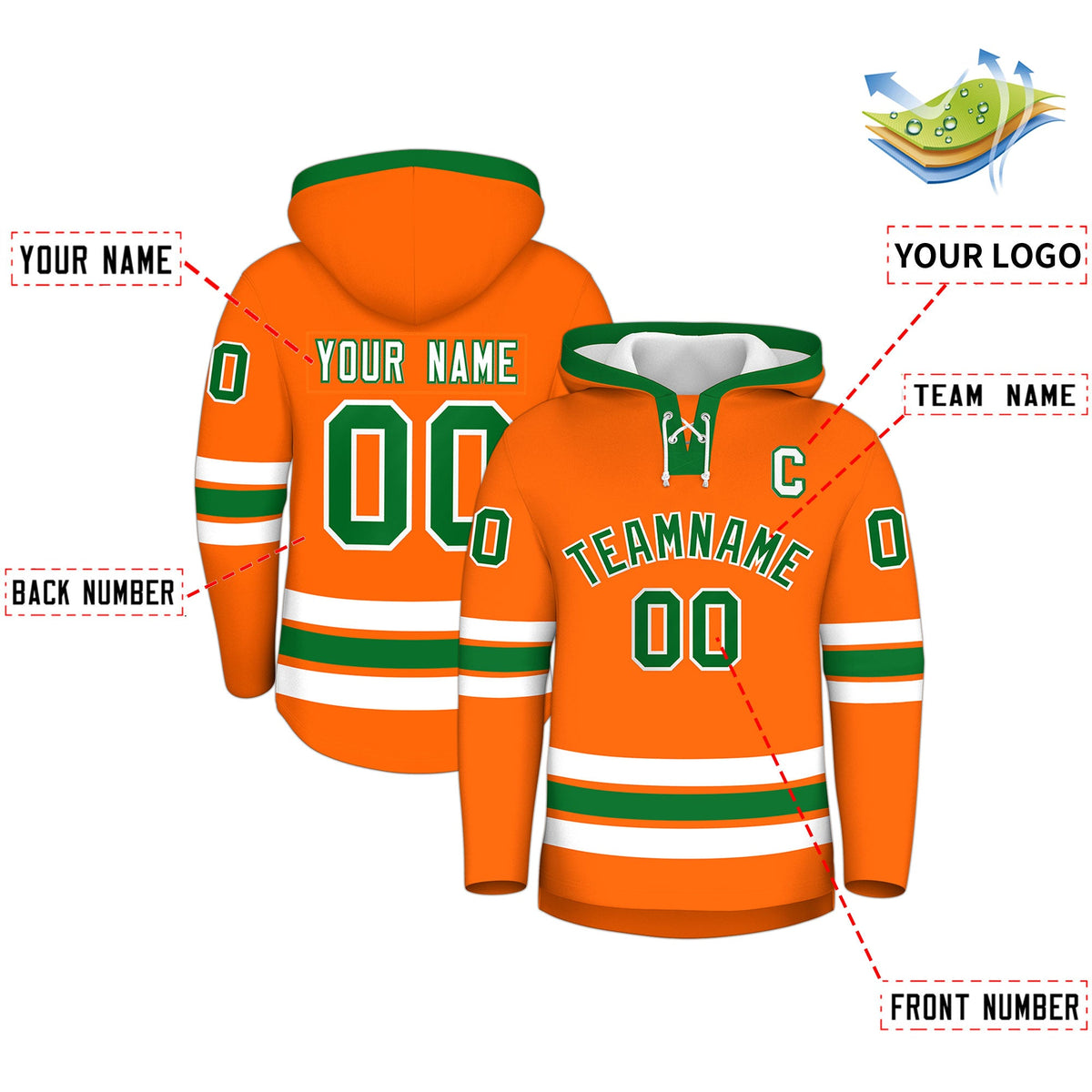 Custom Hockey Hoodie Jersey Orange Kelly Green Classic Style Add Name,Number&amp;Logo