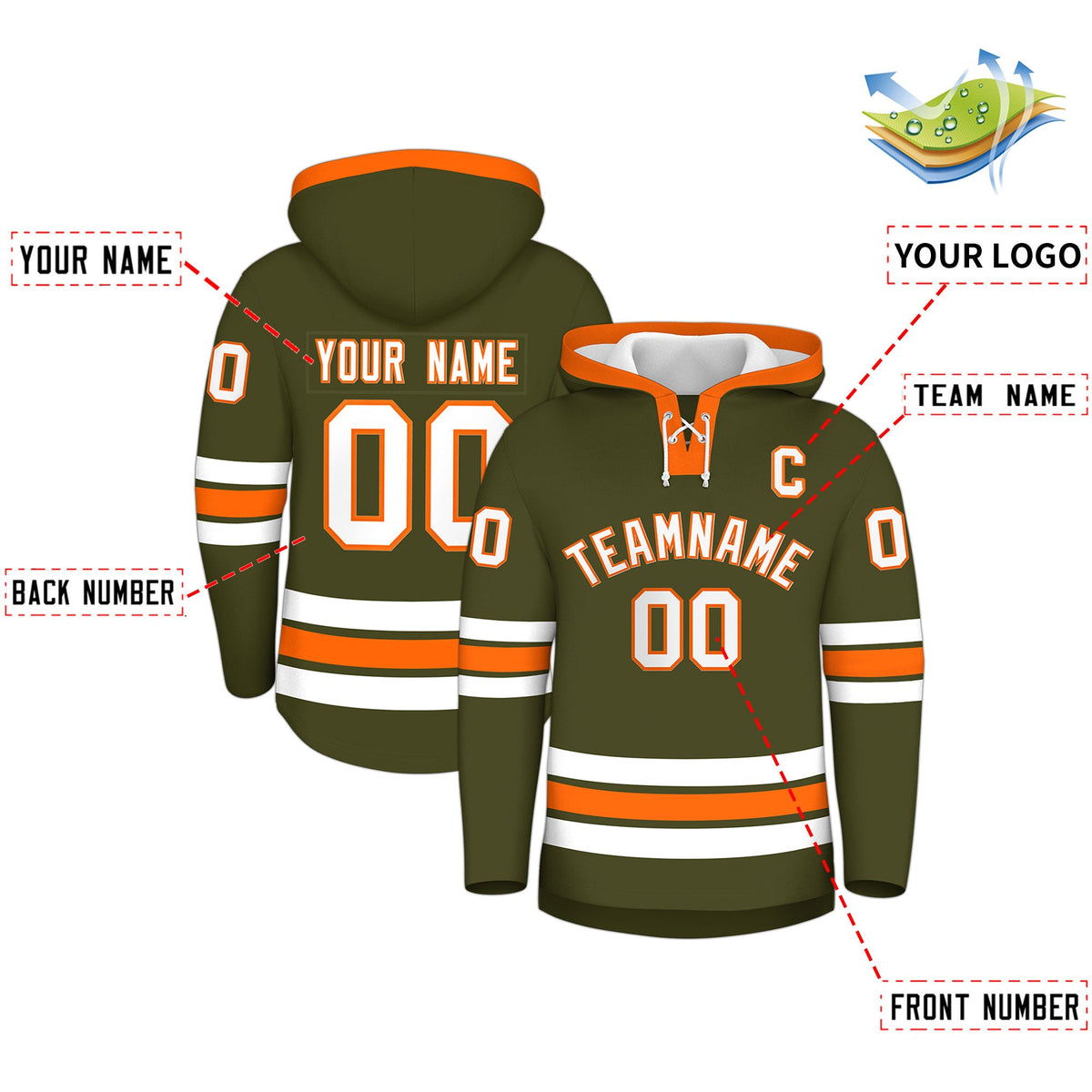 Custom Hockey Hoodie Jersey Olive Orange Classic Style for Men&amp;Youth