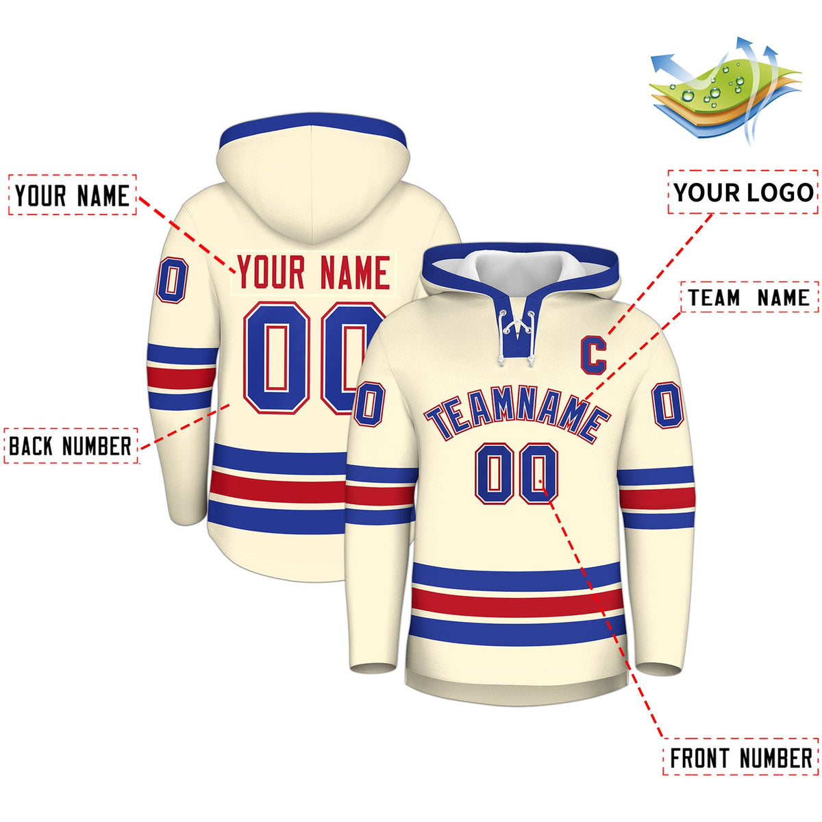 Custom Hockey Hoodie Jersey Cream Royal Blue Classic Style Add Name,Number &amp; Logo