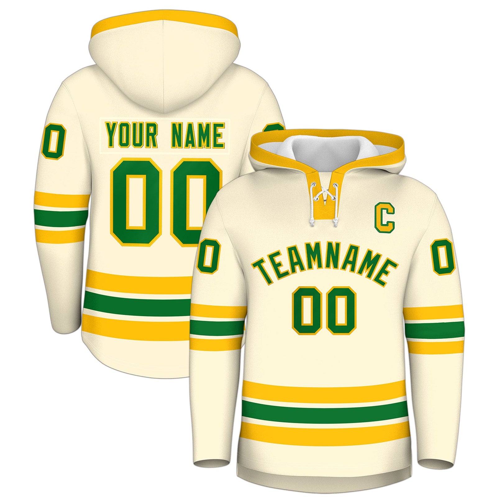 Custom Hockey Hoodie Jersey Cream Kelly Green Classic Style Add Name,Number&Logo