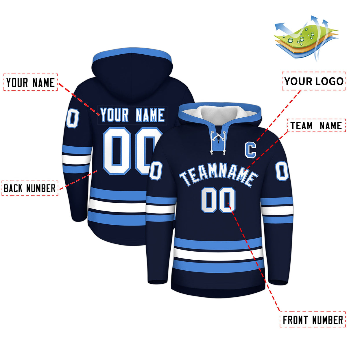 Custom Hockey Hoodie Jersey Navy Powder Blue Classic Style for Men&amp;Youth