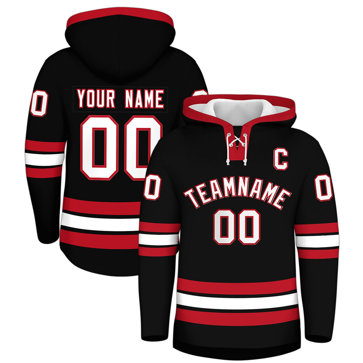 Custom Hockey Hoodie Jersey Black Red Classic Style Add Name,Number&amp;Logo