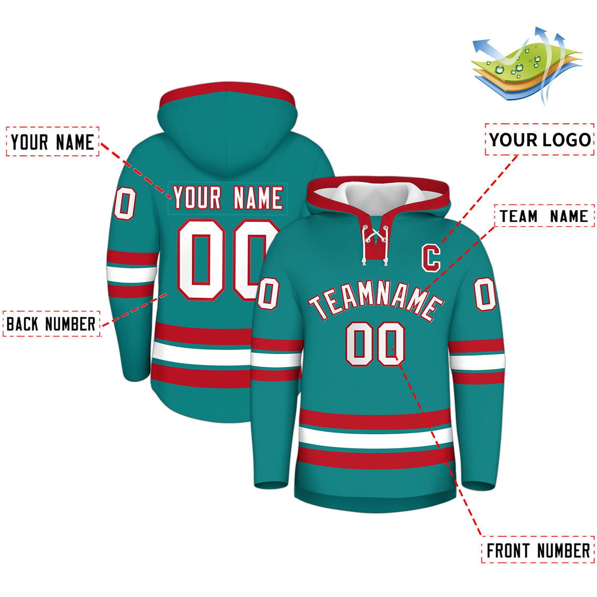Custom Hockey Hoodie Jersey Teal Red Classic Style for Men&amp;Youth