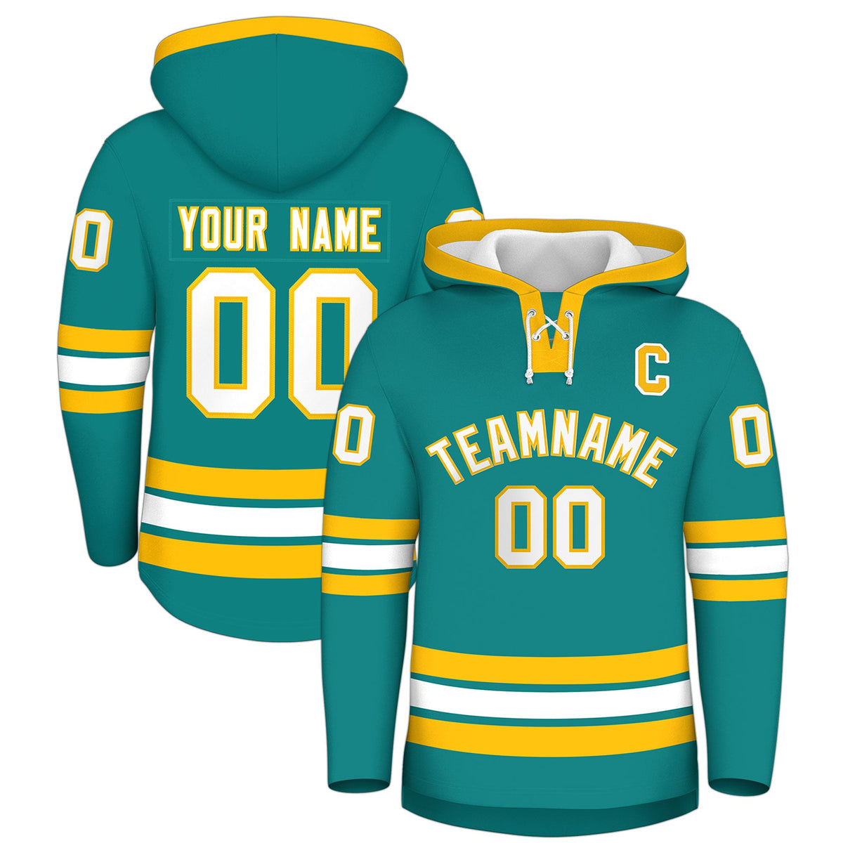 Custom Hockey Hoodie Jersey Teal Gold Classic Style Add Name,Number &amp; Logo