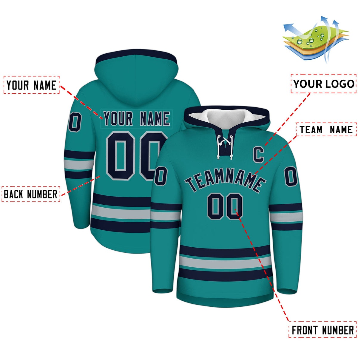 Custom Hockey Hoodie Jersey Teal Navy Classic Style Add Name,Number &amp; Logo