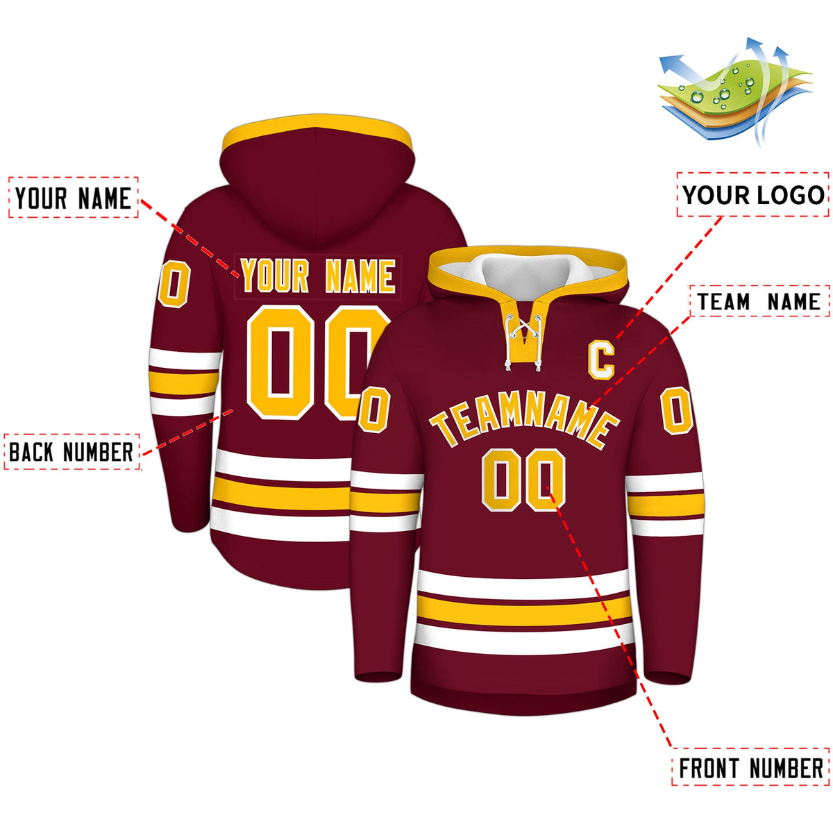 Custom Hockey Hoodie Jersey Crimson Gold Classic Style Add Name,Number&amp;Logo