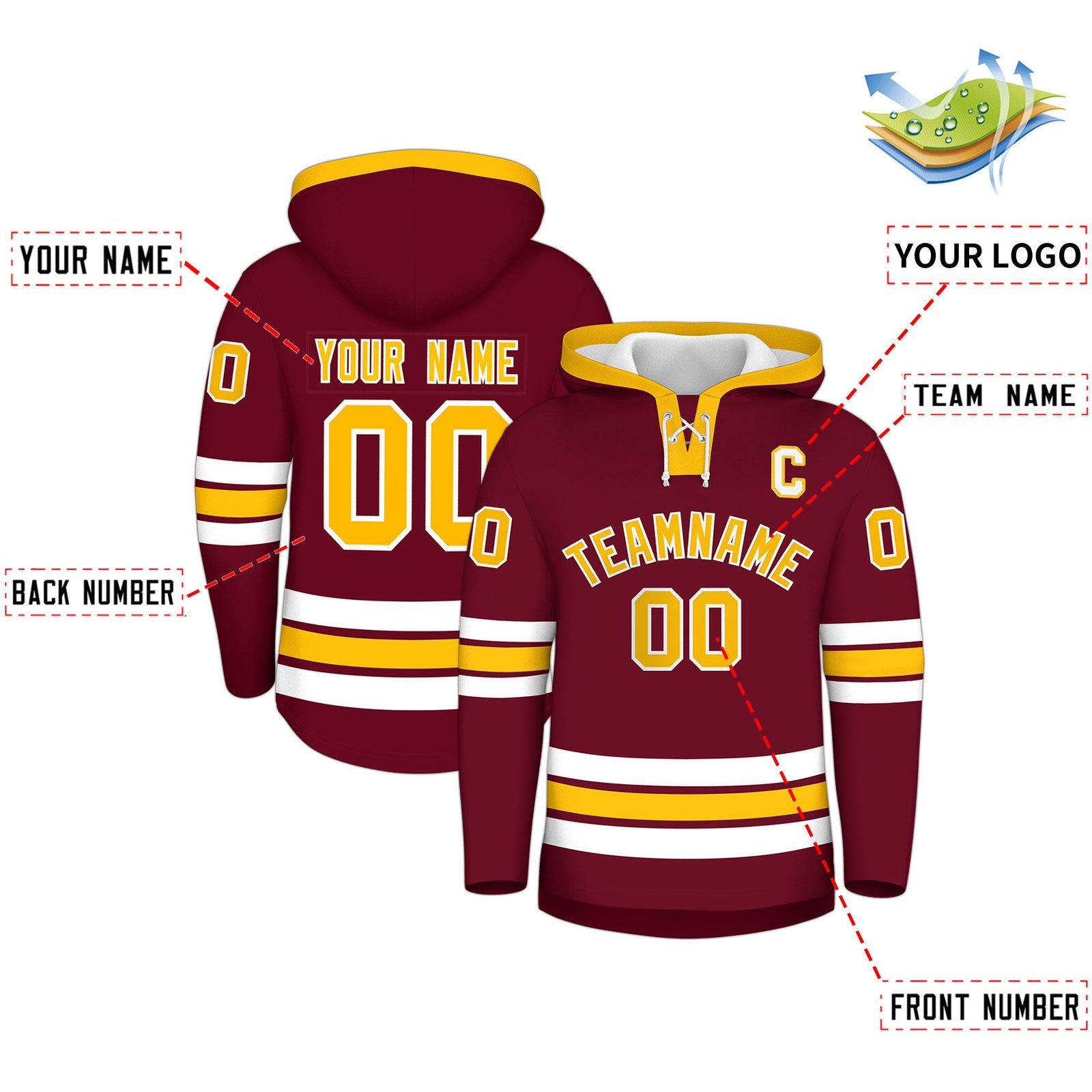 Custom Hockey Hoodie Jersey Crimson Gold Classic Style Add Name,Number&Logo
