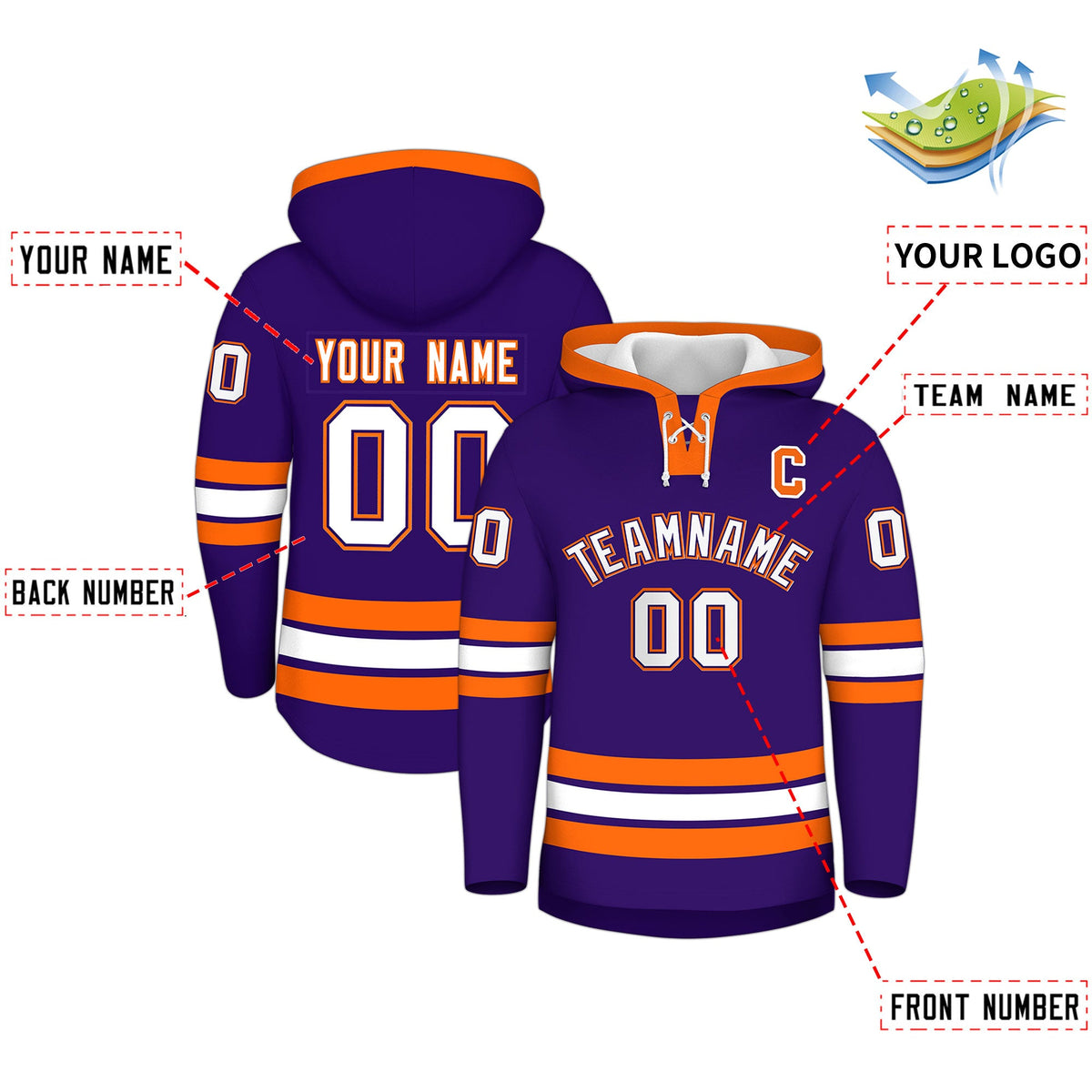 Custom Hockey Hoodie Jersey Purple Orange Classic Style Add Name,Number&amp;Logo