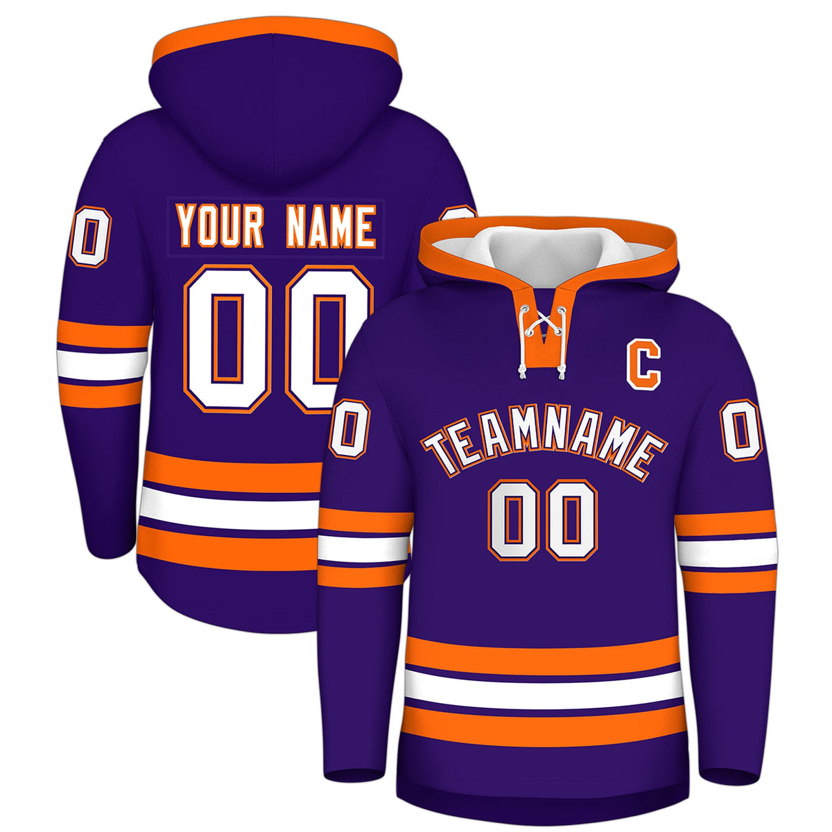 Custom Hockey Hoodie Jersey Purple Orange Classic Style Add Name,Number&amp;Logo
