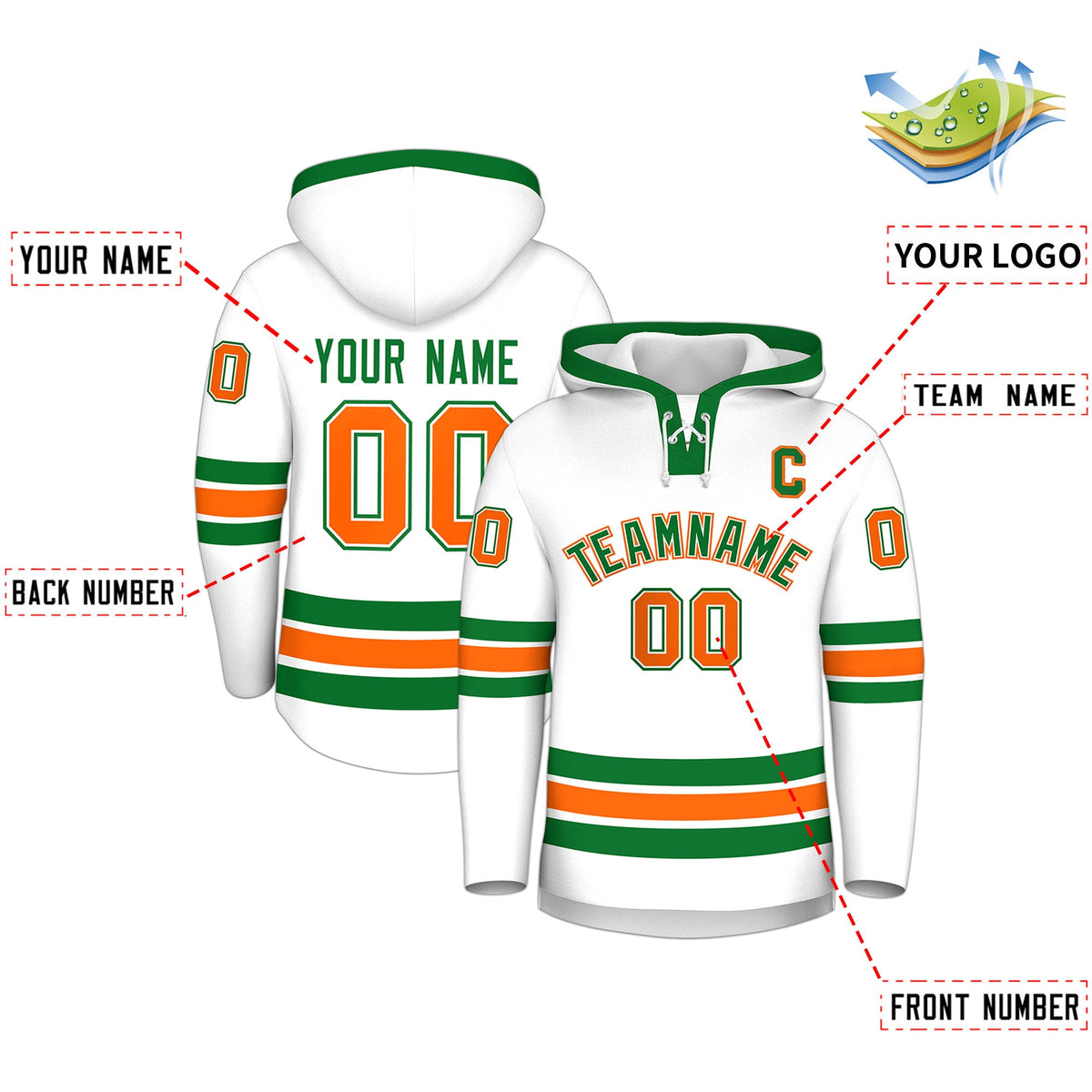 Custom Hockey Hoodie Jersey White Kelly Green Classic Style for Men&amp;Youth