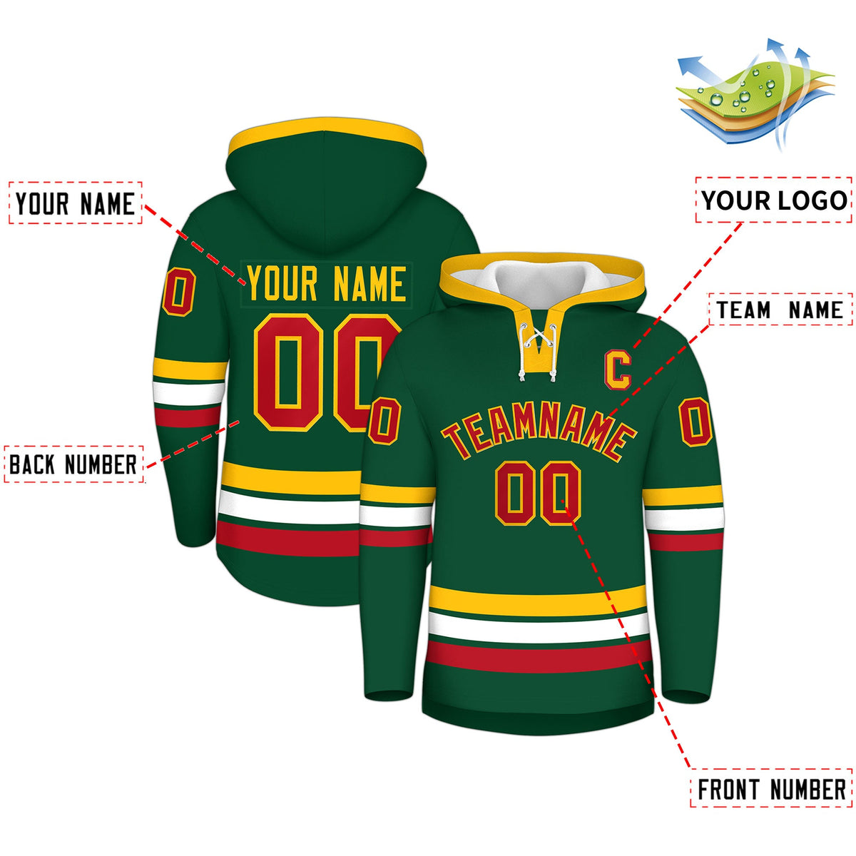 Custom Hockey Hoodie Jersey Dark Green Gold Classic Style Add Name,Number &amp; Logo