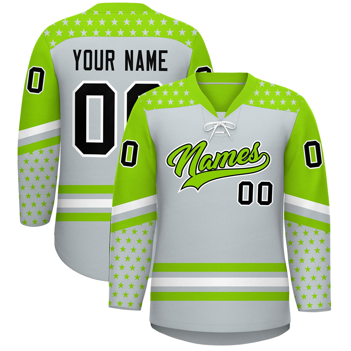 Custom Silver Neon Green White Star Series Personalization Lace-Up Neck Hockey Jersey| KXKSHOP