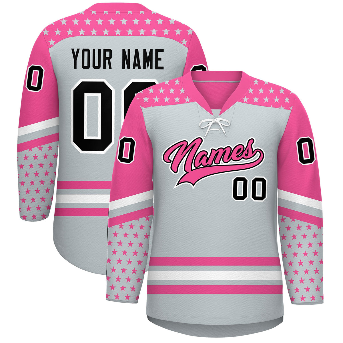 Custom Silver Pink White Star Series Personalization Lace-Up Neck Hockey Jersey| KXKSHOP