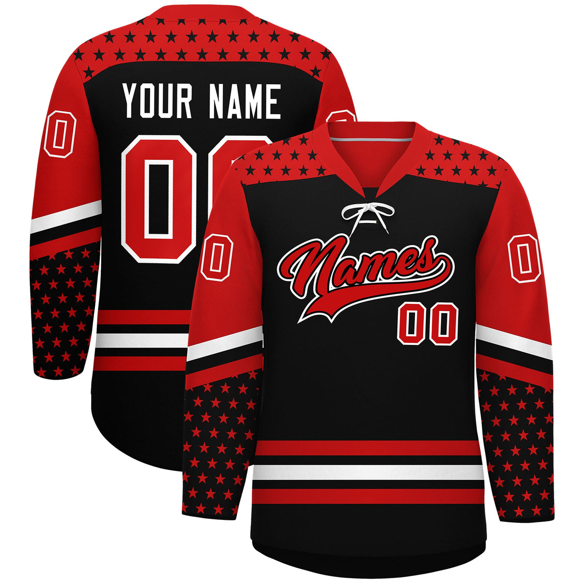 Custom Black Red White Star Series Personalization Lace-Up Neck Hockey Jersey| KXKSHOP