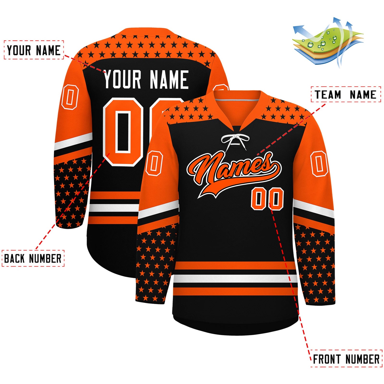 Custom Black Orange White Star Series Personalization Lace-Up Neck Hockey Jersey| KXKSHOP