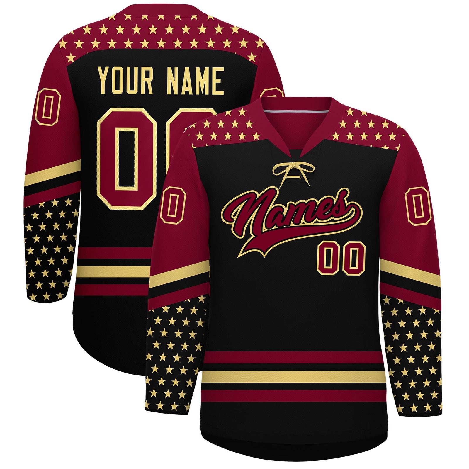 Custom Black Crimson Khaki Star Series Personalization Lace-Up Neck Hockey Jersey| KXKSHOP
