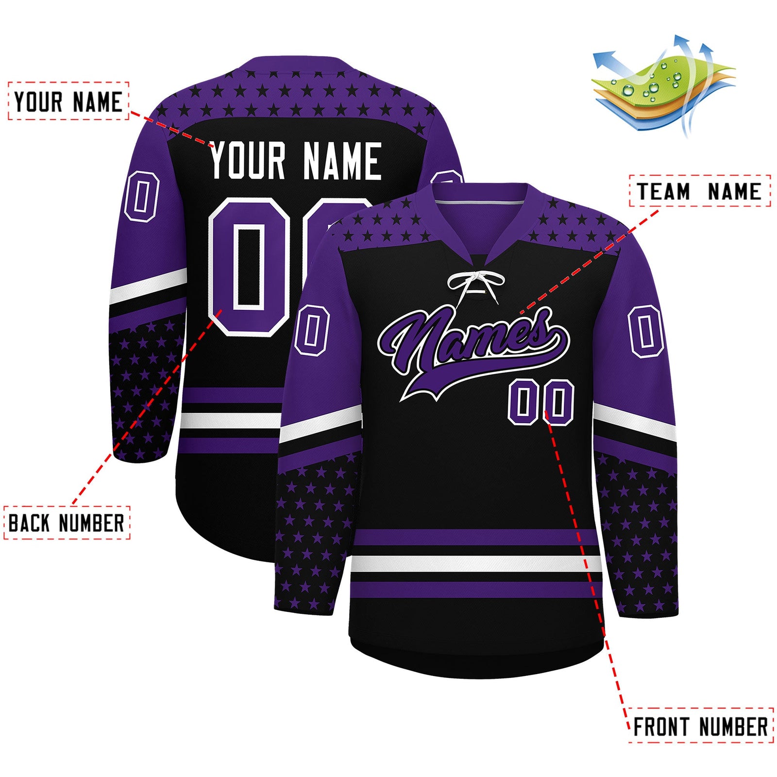 Custom Black Purple White Star Series Personalization Lace-Up Neck Hockey Jersey| KXKSHOP