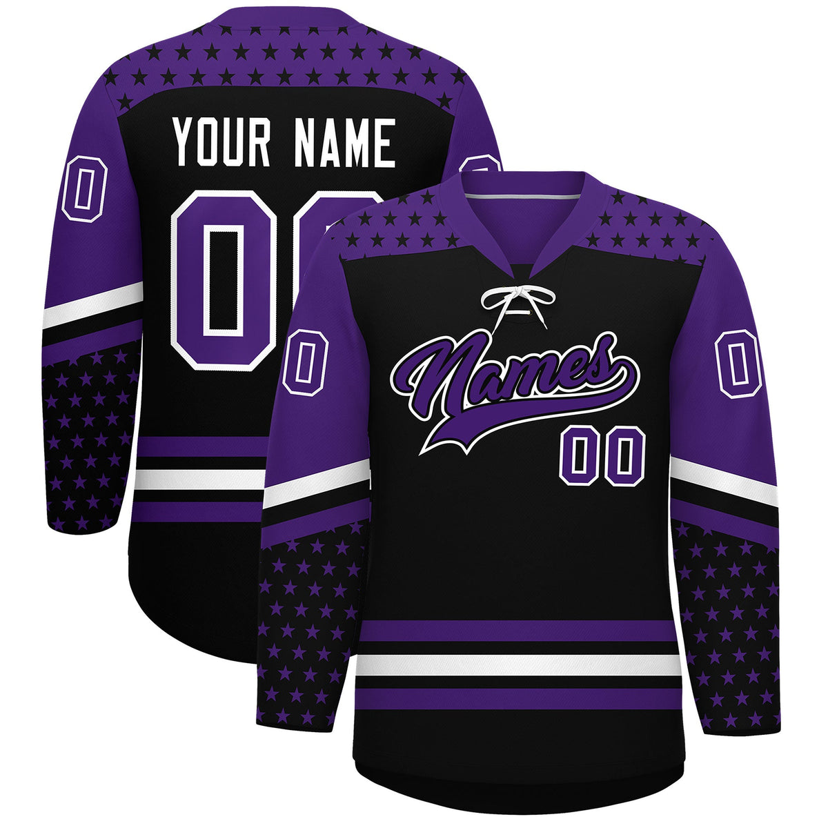 Custom Black Purple White Star Series Personalization Lace-Up Neck Hockey Jersey| KXKSHOP