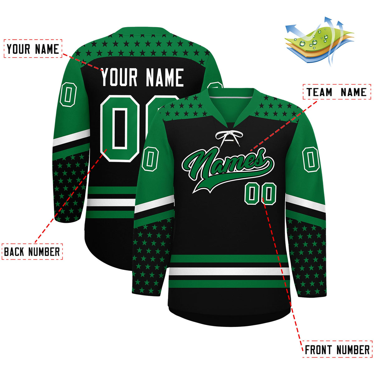 Custom Black Kelly Green White Star Series Personalization Lace-Up Neck Hockey Jersey| KXKSHOP