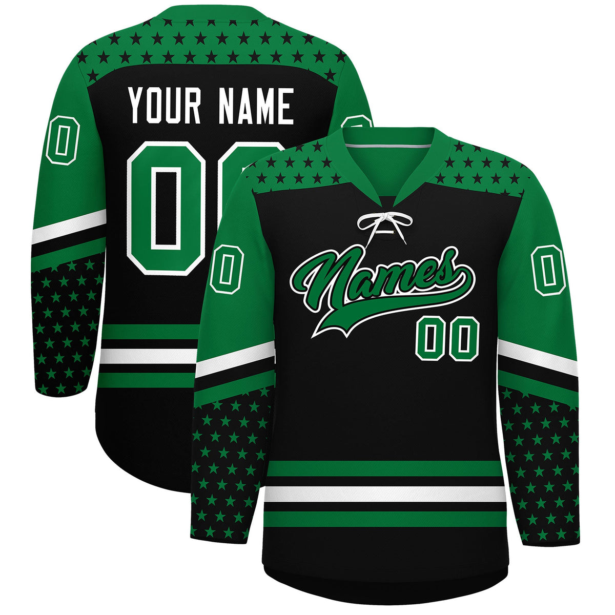 Custom Black Kelly Green White Star Series Personalization Lace-Up Neck Hockey Jersey| KXKSHOP