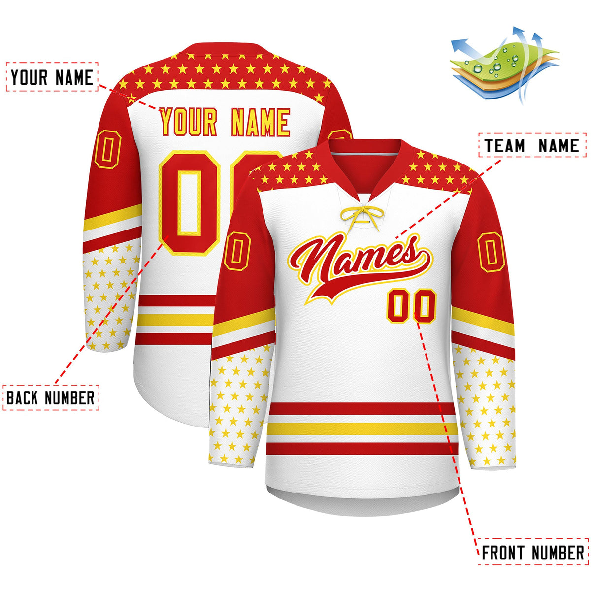 Custom White Red Gold Star Series Personalization Lace-Up Neck Hockey Jersey| KXKSHOP
