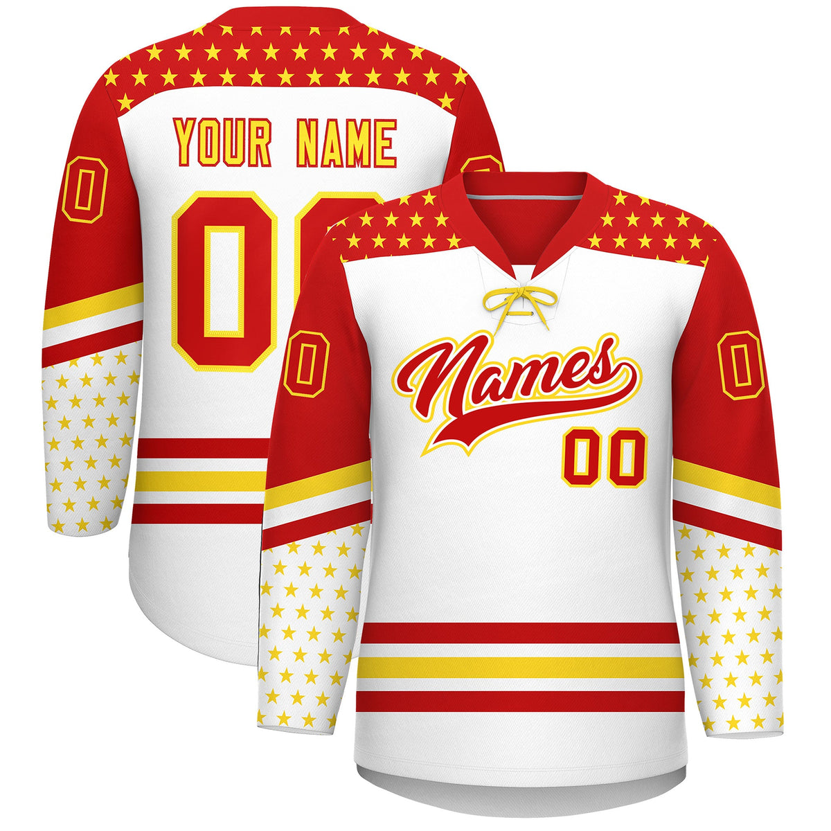 Custom White Red Gold Star Series Personalization Lace-Up Neck Hockey Jersey| KXKSHOP